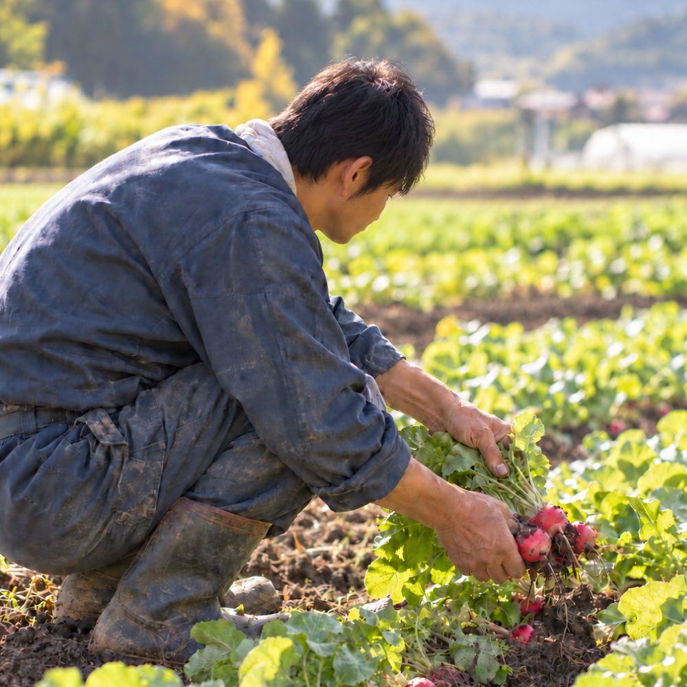 畑で二十日大根を収穫する代表